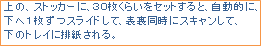 上の、ストッカーに、30枚くらいをセットすると、自動的に、下へ1枚ずつスライドして、表裏同時にスキャンして、下のトレイに排出される。